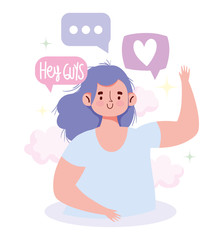people communication and technology, young woman waving hand talking bubbles