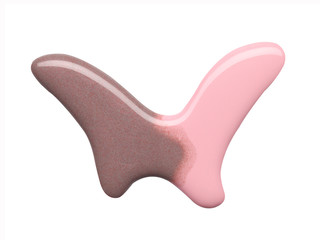 Blot of pink brown nail polish shaped butterfly isolated on white