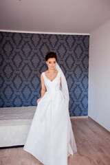 Fototapeta na wymiar Beautiful and fashion bride with glamor makeup and hairstyle. Beautiful bride trying on elegant wedding dress at home