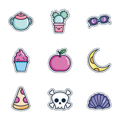 kawaii cactus and patches icon set, line color style