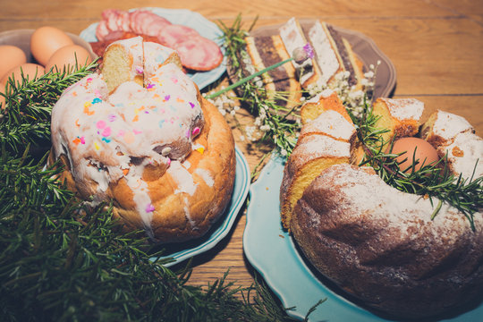 High Angle View Of Bunt Cake With Easter Egg On Table