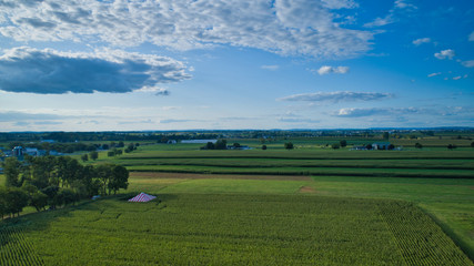 Fototapeta na wymiar Aerial view of green farmlands and rolling crops growing on a beautiful sky on a sunny countryside