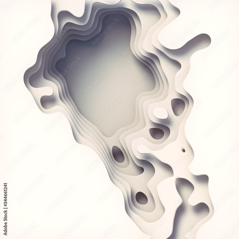 Poster 3d render white paper cut abstract background. topography map geometric pattern