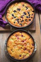 Orange cake with raspberries and rhubarb and orange cake with blueberries and rhubarb 