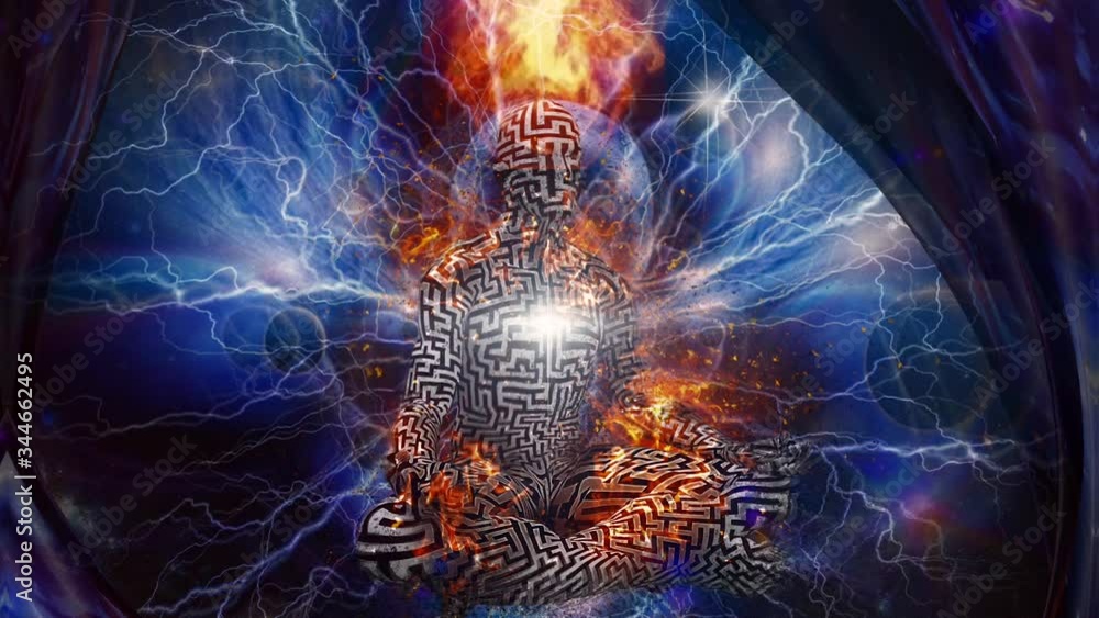 Poster the power of meditation. burning man with maze pattern meditates in endless space animation