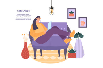 Freelance concept. A woman at home with a laptop on the couch works and communicates on social networks. Vector illustration with place for your text.