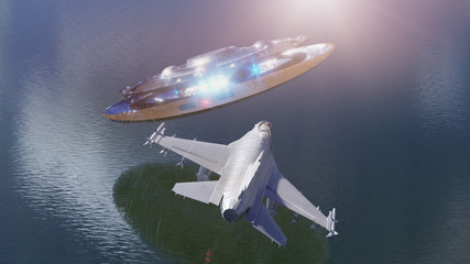 UFO flies away from a military plane, 3d render