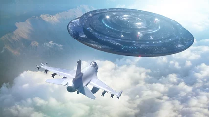 Zelfklevend Fotobehang UFO vliegt weg van een militair vliegtuig, 3d render © de Art
