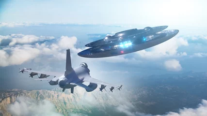Poster UFO vliegt weg van een militair vliegtuig, 3d render © de Art