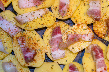 raw potatoes with bacon