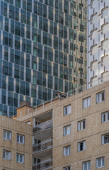 Courbevoie, France - 03 21 2020: Panoramic view of the Defense towers district at sunset