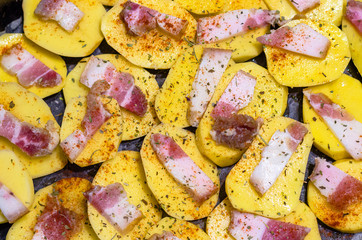 raw potatoes with bacon