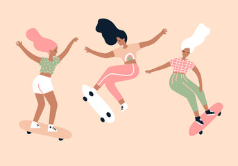 Fototapeta na wymiar Girls ride on skateboards. Youth is being trained. Modern illustration of people outdoor activities