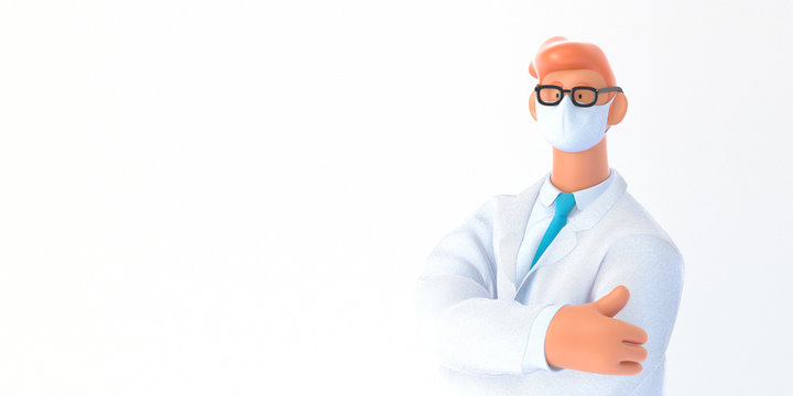 3D cartoon character. Medical insurance template -modern 3D concept digital illustration, doctor portrait. Young bearded man wearing mask, glasses, white medical coat, tie, standing crossing his hands
