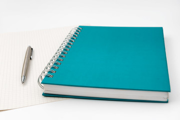 Green Notebook & Pen isolated on white background. Business concept. Business people items. Free space for text.