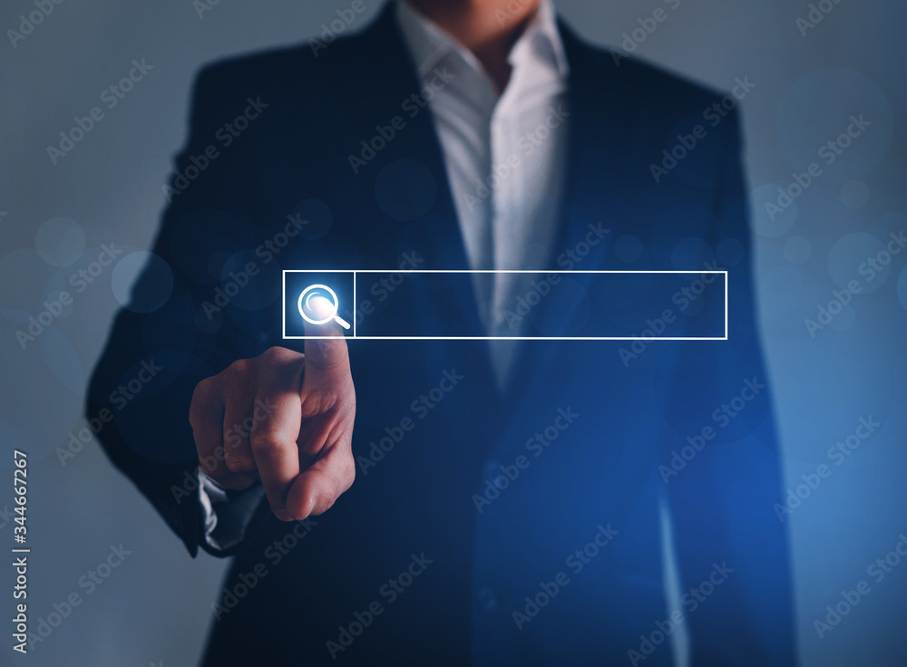 Aufkleber businessman clicking internet search page touch screen. searching browsing internet data, informatio