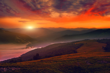 panoramic foggy sunrise image, amazing dawn scenery, awesome morning sunshine landscape, beautiful nature background in the mountains, Ukraine, Europe, Carpathians
