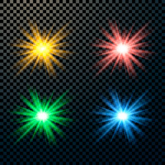 Set of bright luminous multi-colored light effects isolated on a dark background with highlights and stars. Vector illustration.