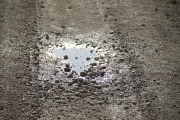 Sun reflection in water puddles after a spring storm