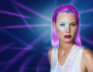 Portrait of a beautiful young woman in futuristic style against the background of ultraviolet lines.