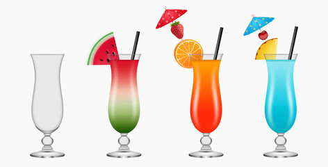 Empty and full cocktail glasses. Colorful cocktails with fruits 