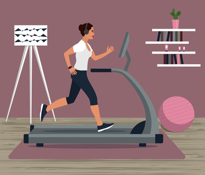 Profile of a young woman running on a treadmill at home