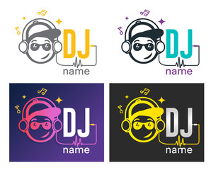 Dj Logo Design. Creative vector logo design with headphones and DJ with glasses. Music logotype template. For accessory, brand, identity, logotype, company, shop, dj party. Black background. Mp3 sign. - obrazy, fototapety, plakaty