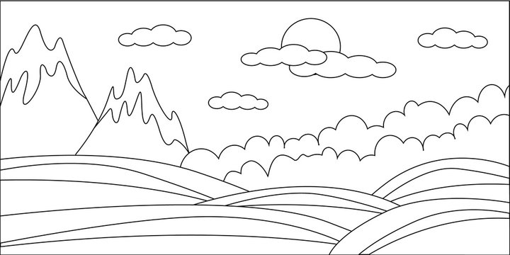 Printable coloring page for adults with mountain landscape, forest, trees, clouds. Hand drawn illustration. Freehand sketch for adult anti stress coloring book page