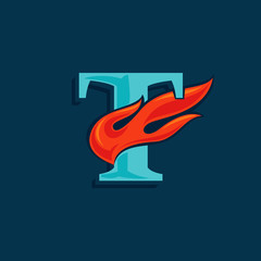 Letter T logo with fast speed fire. Vintage serif font with line shadow.