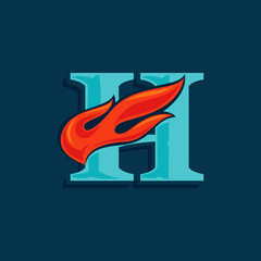 Letter H logo with fast speed fire. Vintage serif font with line shadow.