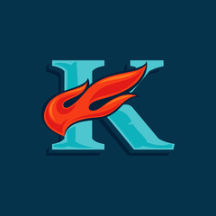 Letter K logo with fast speed fire. Vintage serif font with line shadow.