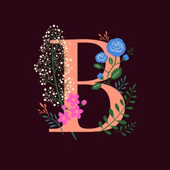 Whimsical floral botanical monogram alphabet - capital B vector elements with burgundy background for stationery, wedding decoration, personal gift, wallpaper, wrapping paper