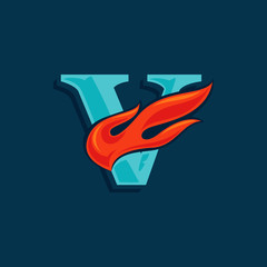 Letter V logo with fast speed fire. Vintage serif font with line shadow.