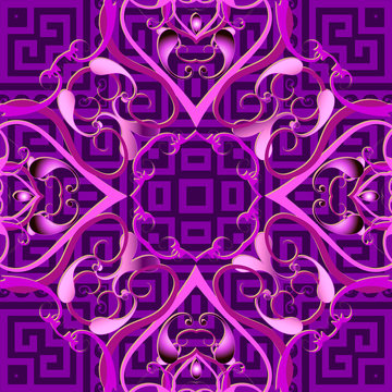 Floral violet Paisley 3d vector seamless pattern. Surface ornamental geometric background. Vintage repeat floral backdrop. Greek key meanders. Tribal ethnic style purple ornaments. Paisley flowers