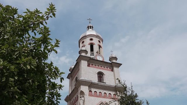 High brick bell tower, side view