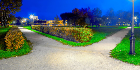 The route in the park at night is divided into two alleys, diverging in different directions