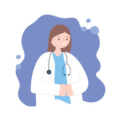 Fototapeta premium doctors and nurses, female physician character with stethoscope and coat cartoon