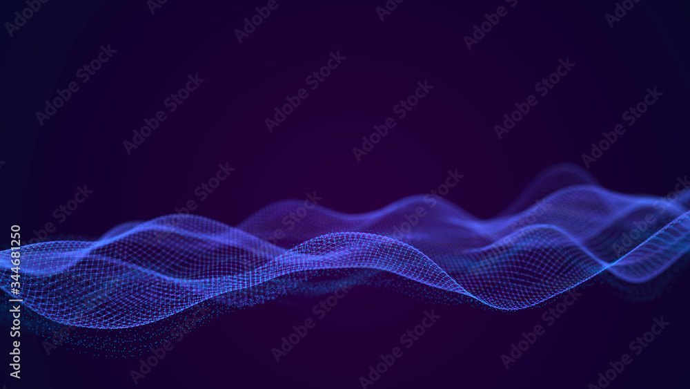 Aufkleber Big data visualization. The musical stream of sounds. Abstract background with interweaving of dots . 3D rendering.