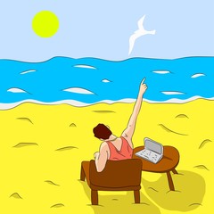 Vector illustration flat design. Man by the sea with a laptop.