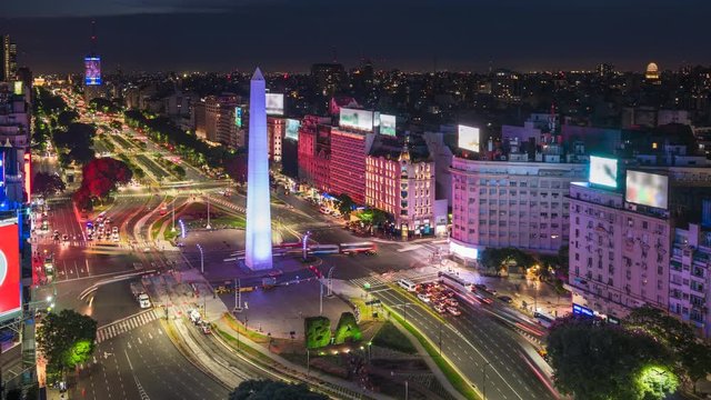 Night timelapse view of historical landmark Obelisk of Buenos Aires and traffic on 9 de Julio Avenue in Argentina, South America.