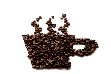 hot cup of coffee made from coffee beans. top view.