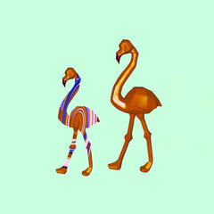 Contemporary collage. Loving couple of pink flamingos in gold color on a turquoise background. Concept abstraction, valentines day, family.