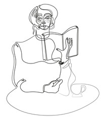 One continuous line drawing of woman drinking coffee while reading book.
illustration of reading book while sitting in cafe.