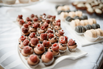 Many cupcakes decorated with cream and berries on a plate