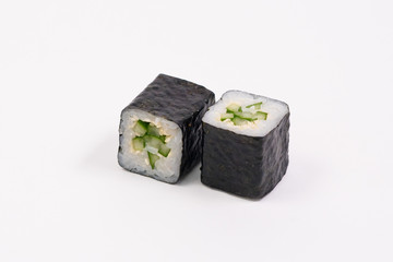 Kappamaki rolls with rise and nori on white background. Traditional Japan food