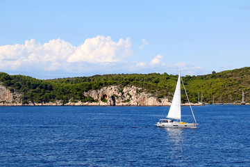 Obraz premium Sailing boat on the sea in southern Dalmatia region in Croatia. Beautiful landscape and bright summer day. 