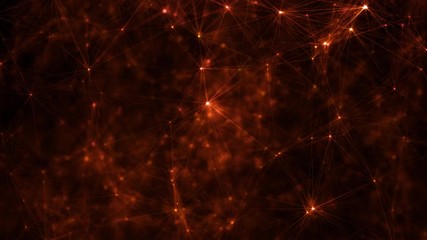 Chemical elements and atomic pattern concept of dynamic electric cell interaction in microcosmos. Golden shiny glowing 3D animation with selective focus and extreme depth of field on black background.