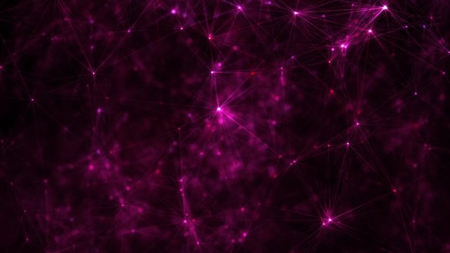 Mathematics geometry and logic in universe as concept in light and network of existence in void. Pink shiny glowing 3D animation with selective focus and extreme depth of field on black background.