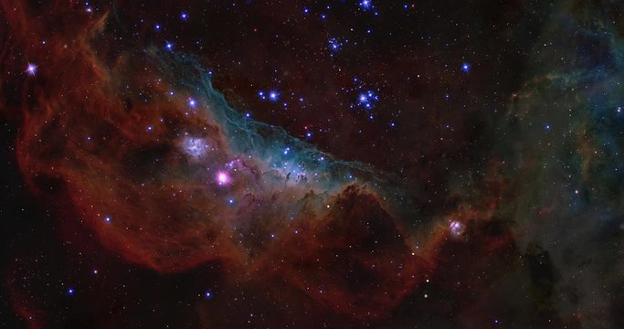 4K Space Flight into a Nebula. 3D Zoom In Composite of Hubble images. Galaxies, Stars, Star System, Cosmos. Based on real public-domain images taken by NASA, ESA, ESO or other space agencies.