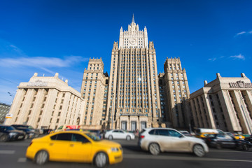 The building of the Ministry of Foreign Affairs main building on Smolenskaya Square, Moscow,...